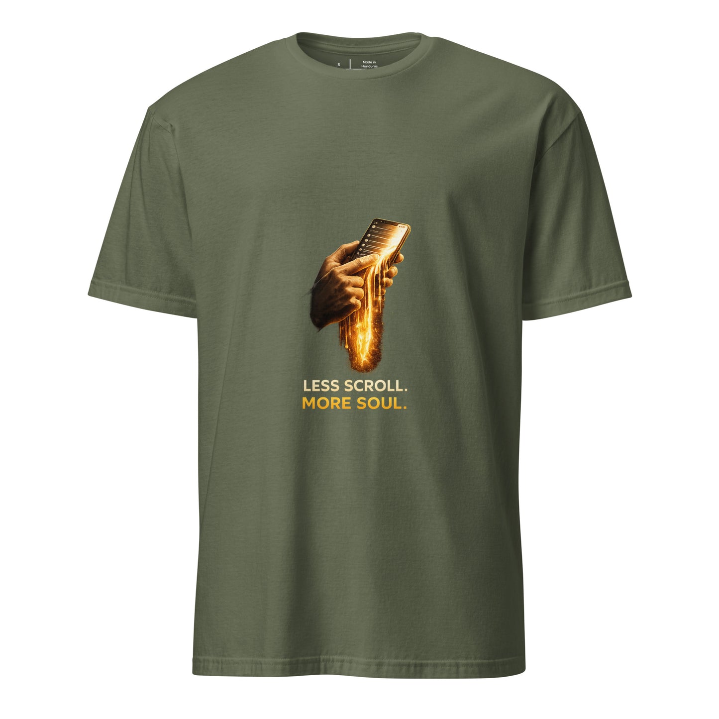 Less Scroll. More Soul. – Digital Detox - Short-Sleeve Unisex T-Shirt - Graphic Tee - Military Green - Front