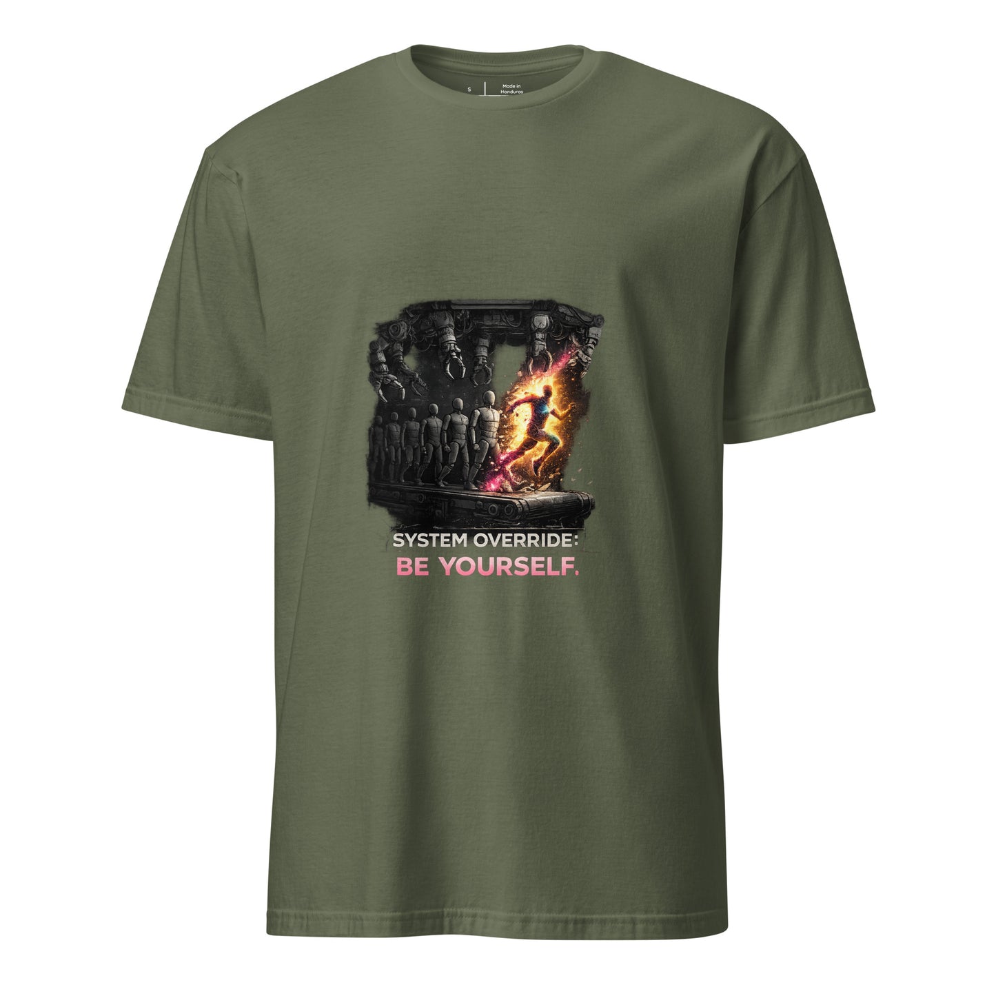 Be Yourself: System Override – Individuality Statement - Short-Sleeve Unisex T-Shirt - Graphic Tee - Military Green - Front