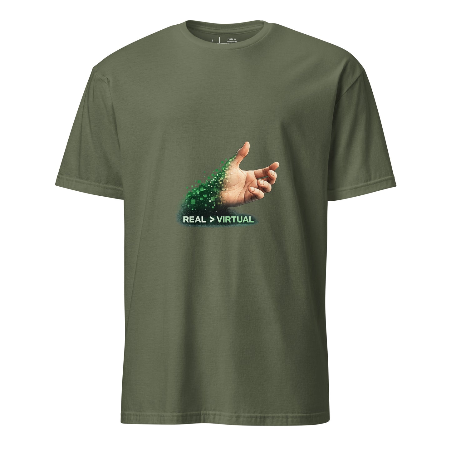 Real > Virtual – Gamer Lifestyle - Short-Sleeve Unisex T-Shirt - Graphic Tee - Military Green - Front