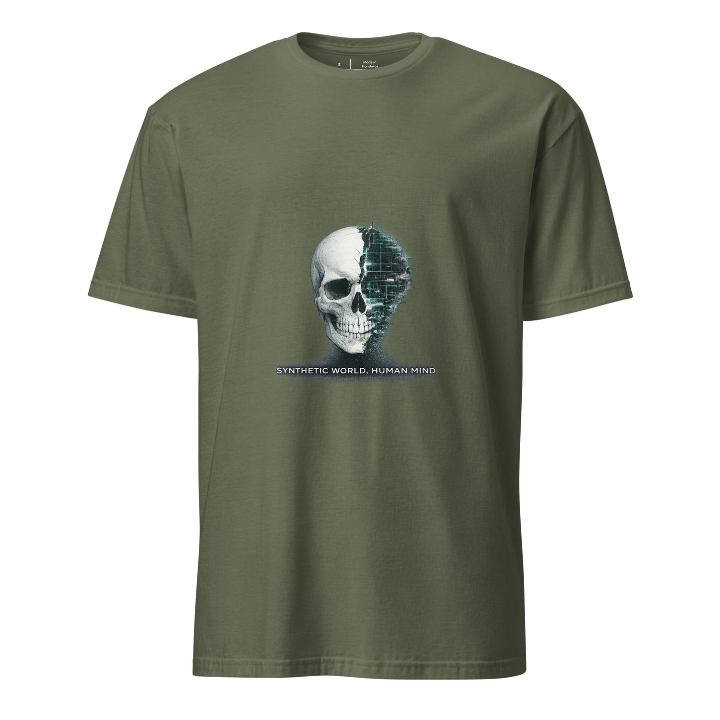 Synthetic World. Human Mind. – Glitch Philosophy - Short-Sleeve Unisex T-Shirt - Graphic Tee - Military Green - Front