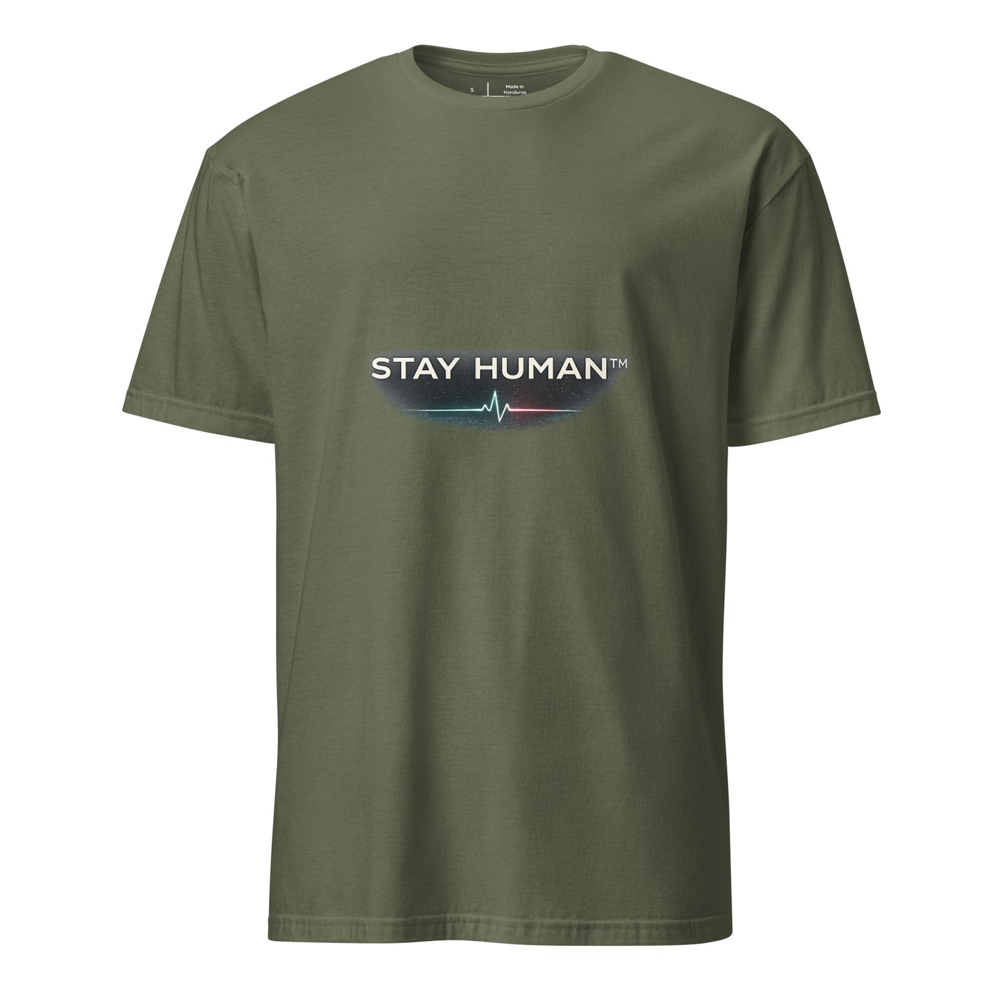 Stay Human™ – Luxury Minimalist Statement - Short-Sleeve Unisex T-Shirt - Graphic Tee - Military Green - Front