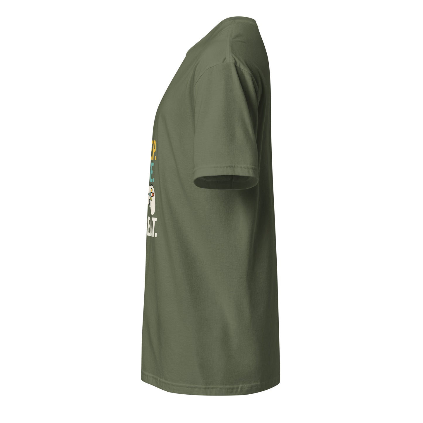 "Eat. Sleep. Game. Repeat." Retro Gamer - Short-Sleeve Unisex T-Shirt - Graphic Tee - Military Green - Left side