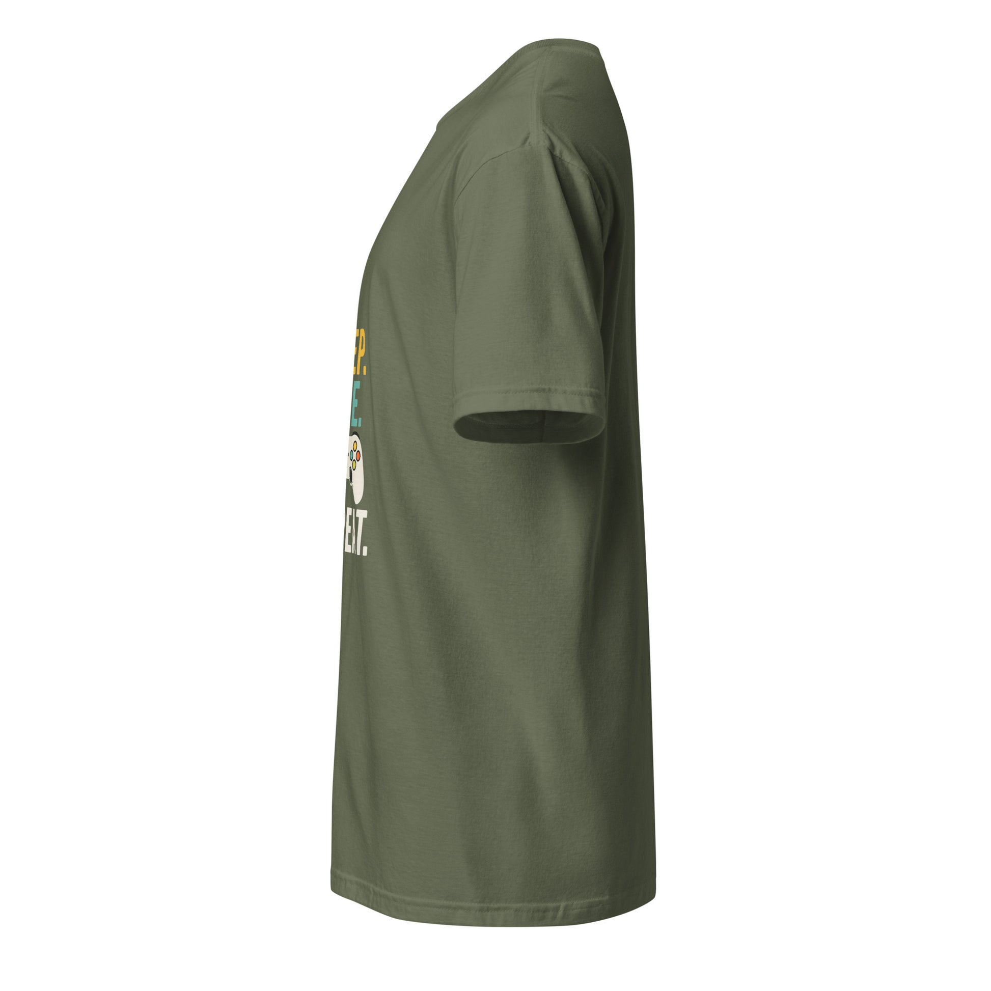 "Eat. Sleep. Game. Repeat." Retro Gamer - Short-Sleeve Unisex T-Shirt - Graphic Tee - Military Green - Left side