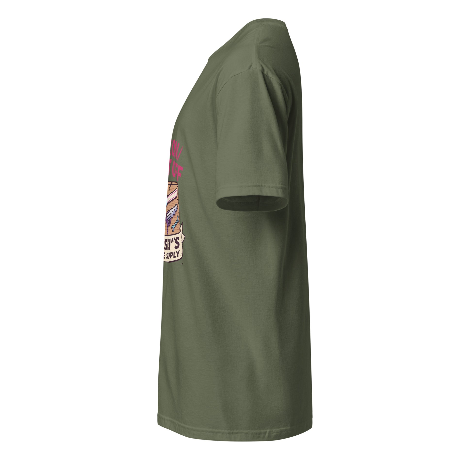 Wax On/Blast Off – Retro Karate Space - Short-Sleeve Unisex T-Shirt - Graphic Tee - Military Green - Left side