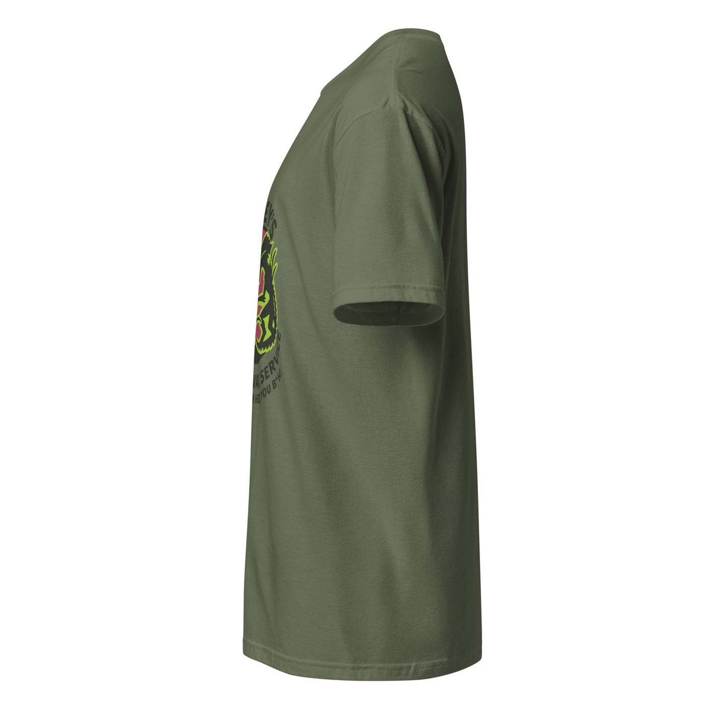Ripley’s Bug Removal Service – Sci-Fi Parody - Short-Sleeve Unisex T-Shirt - Graphic Tee - Military Green - Left side