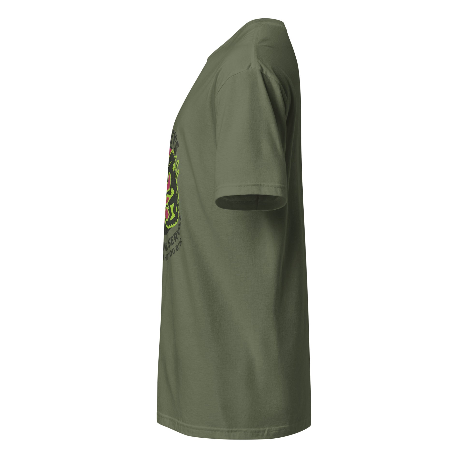 Ripley’s Bug Removal Service – Sci-Fi Parody - Short-Sleeve Unisex T-Shirt - Graphic Tee - Military Green - Left side