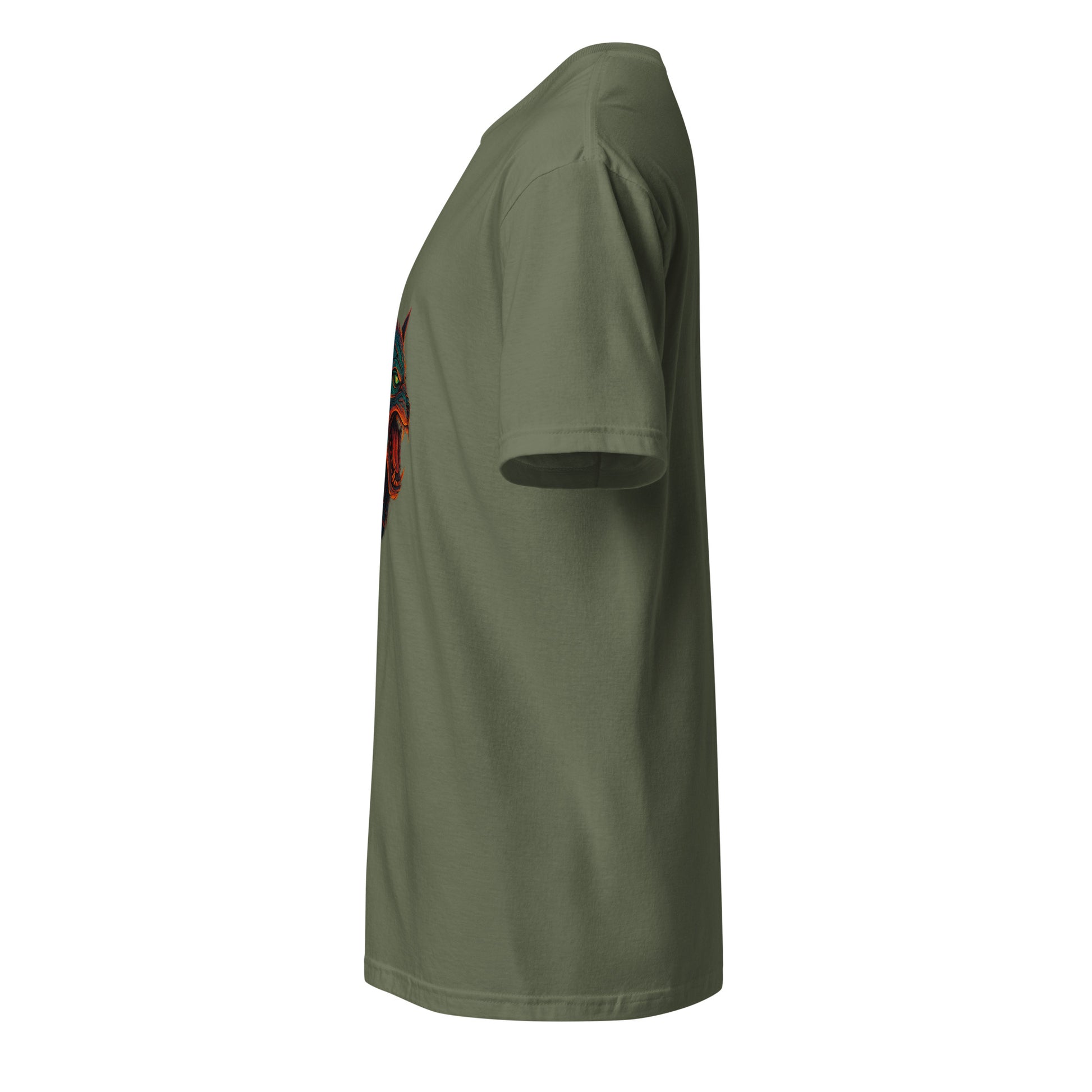 The Wolf Overdrive – Cyber Wolf Unleashed - Short-Sleeve Unisex T-Shirt - Graphic Tee - Military Green - Left side