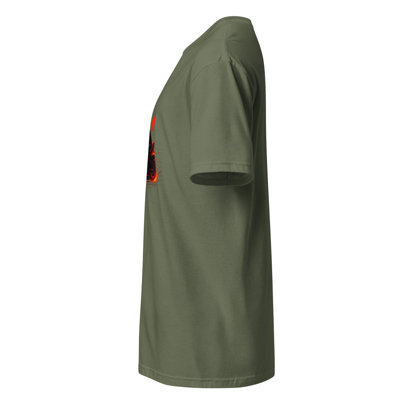 Neon Rider – Blaze Through the Digital Highway - Short-Sleeve Unisex T-Shirt - Graphic Tee - Military Green - Left side