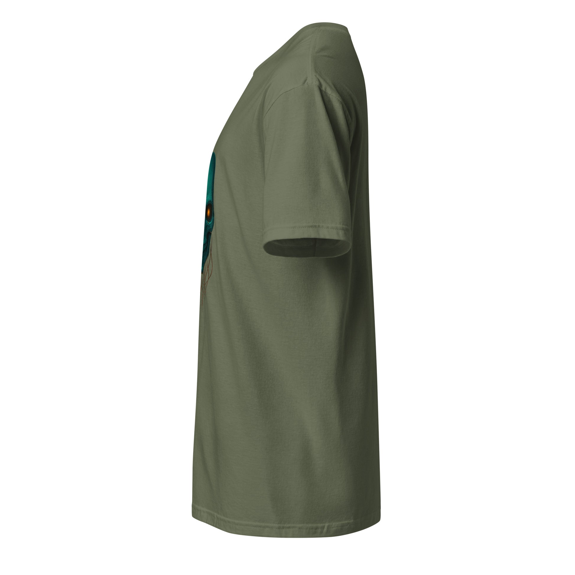 Astral Hacker Skull – Circuit Fractured - Short-Sleeve Unisex T-Shirt - Graphic Tee - Military Green - Left side