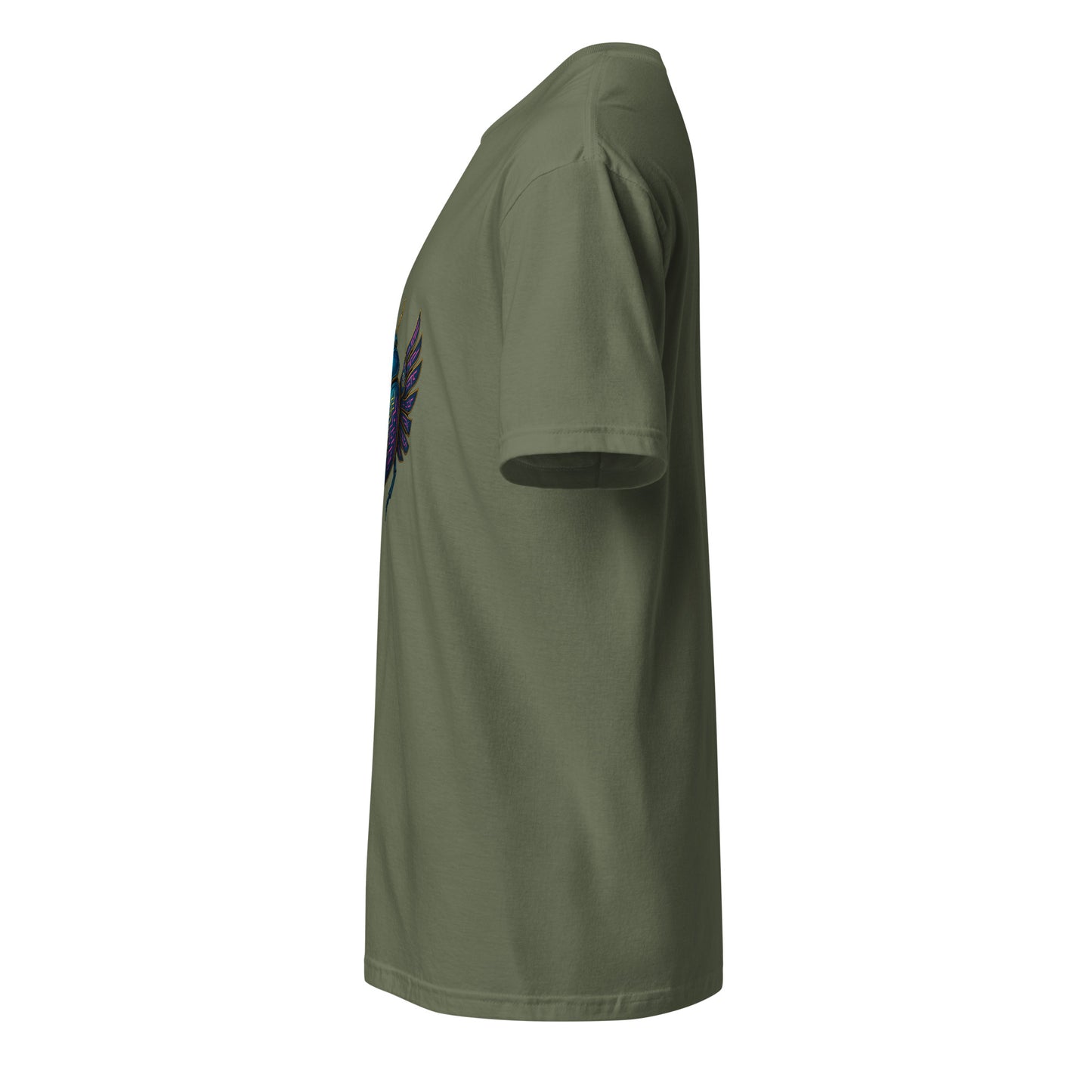 Mecha Scarab Beetle – Neon Tech Guardian - Short-Sleeve Unisex T-Shirt - Graphic Tee - Military Green - Left side