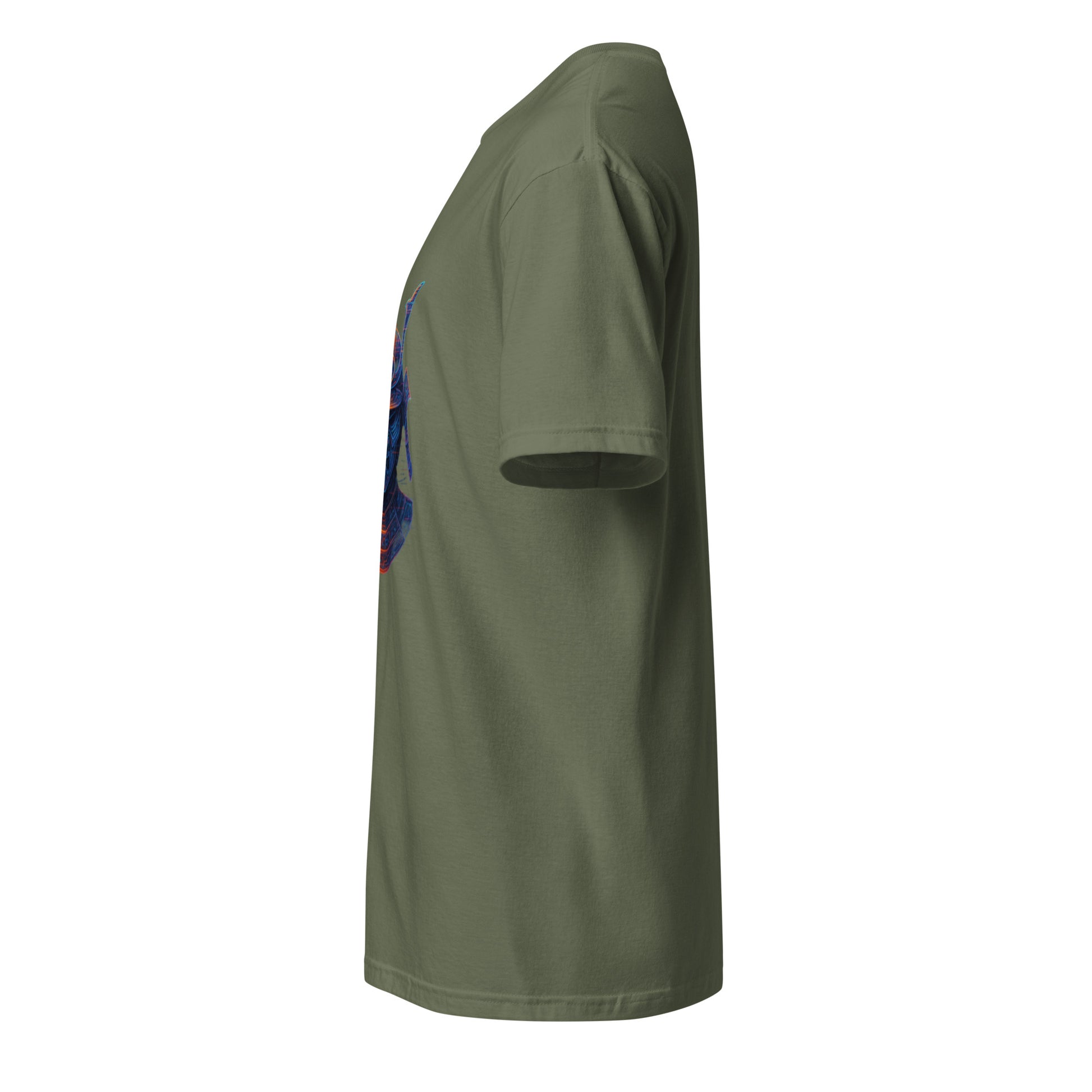 Holographic Samurai Helmet – Neon Warrior - Short-Sleeve Unisex T-Shirt - Graphic Tee - Military Green - Left side
