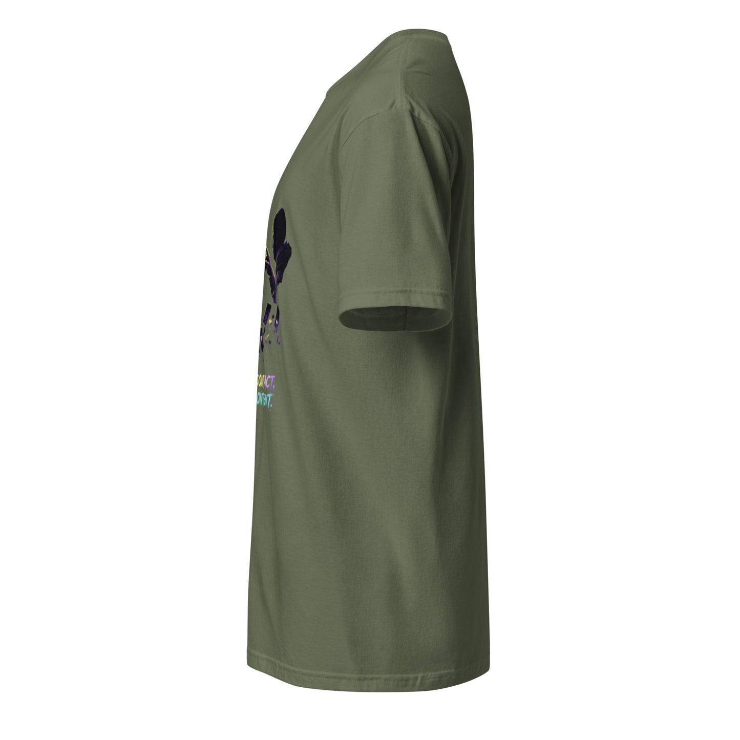 Make Contact, Not Content – Sci-Fi Streetwear - Short-Sleeve Unisex T-Shirt - Graphic Tee - Military Green - Left side