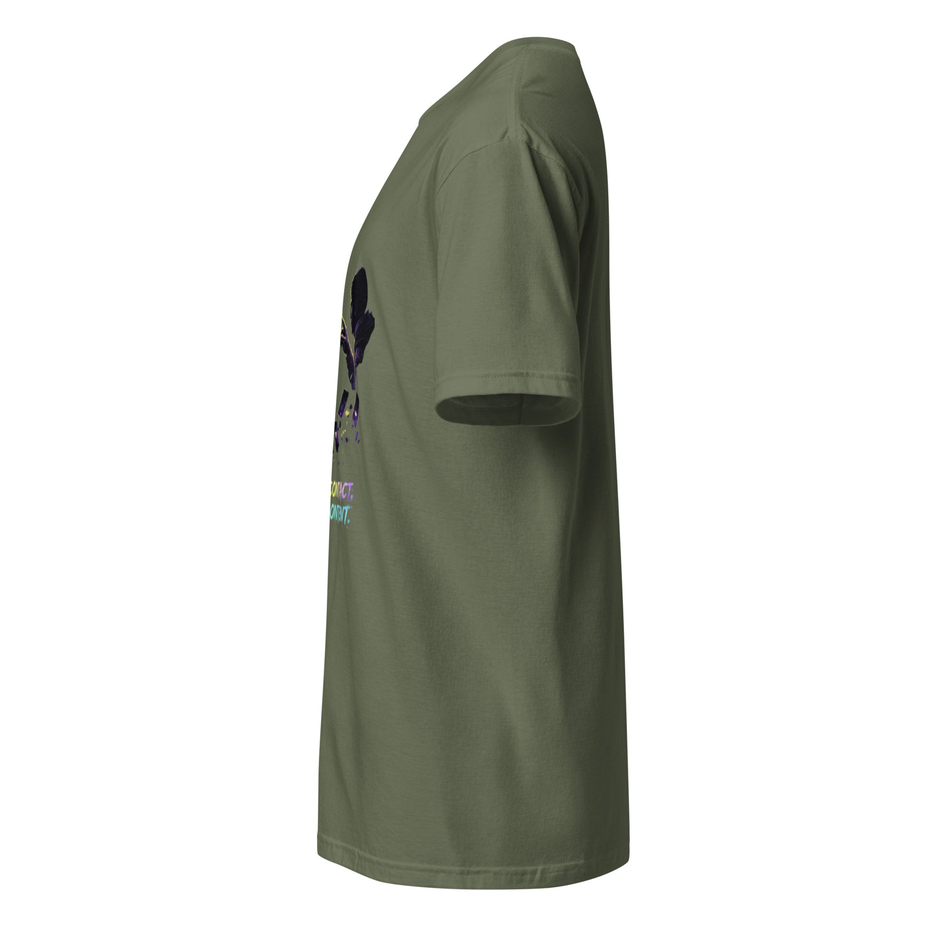 Make Contact, Not Content – Sci-Fi Streetwear - Short-Sleeve Unisex T-Shirt - Graphic Tee - Military Green - Left side