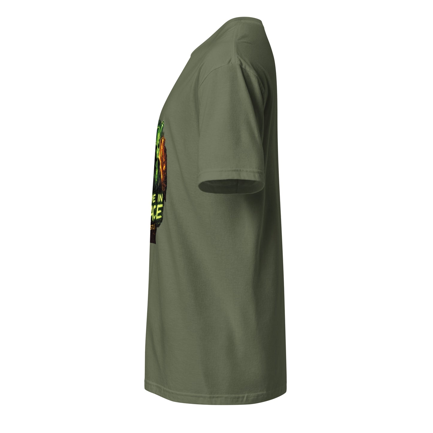 We Came in Peace (Mostly) – Alien Parody Streetwear - Short-Sleeve Unisex T-Shirt - Graphic Tee - Military Green - Left side