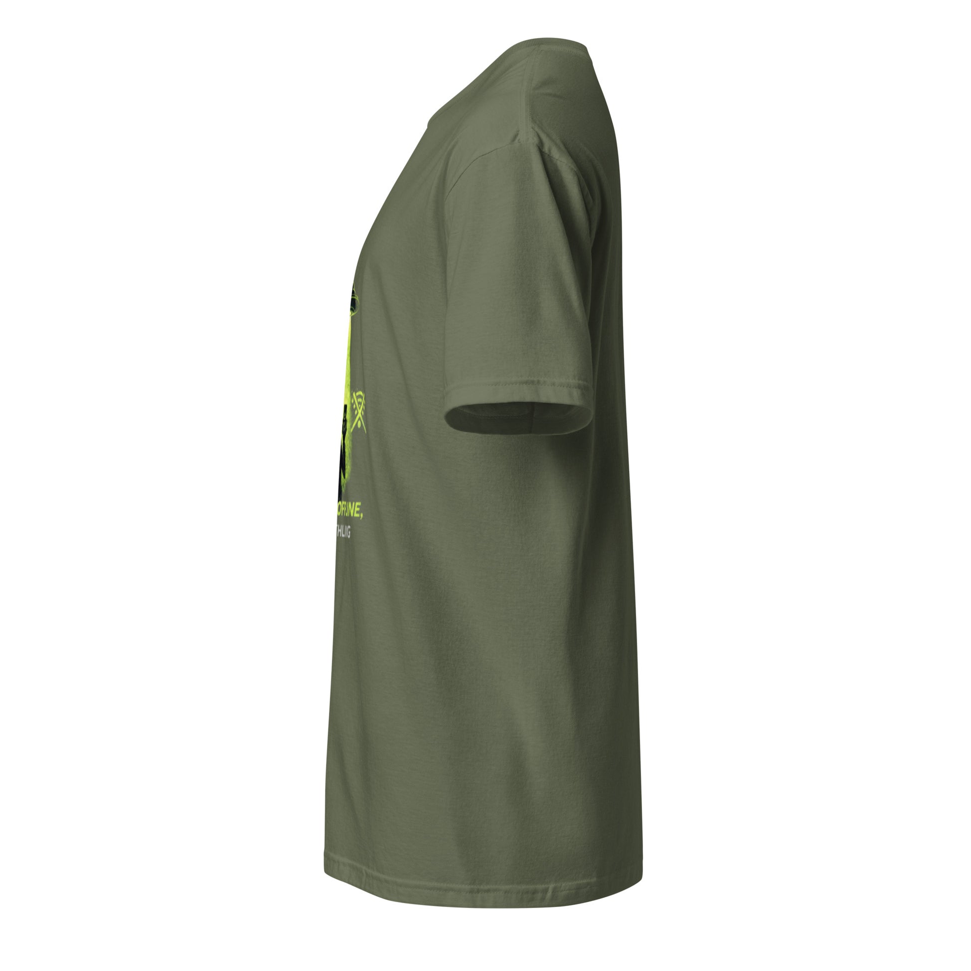 Stay Offline, Earthling – Minimal Sci-Fi Humour - Short-Sleeve Unisex T-Shirt - Graphic Tee - Military Green - Left side
