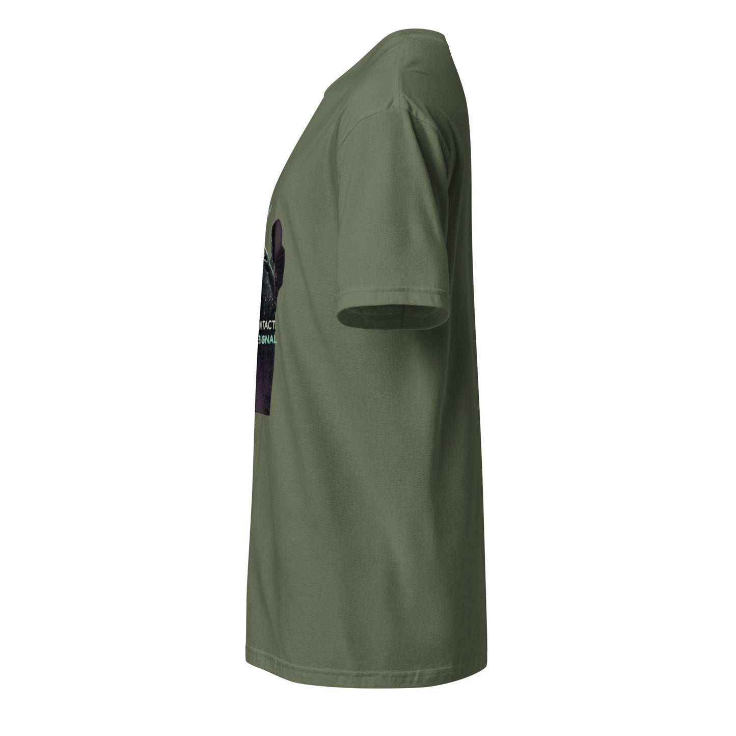 Make Contact, Lose the Signal – Minimal Sci-Fi Streetwear - Short-Sleeve Unisex T-Shirt - Graphic Tee - Military Green - Left side
