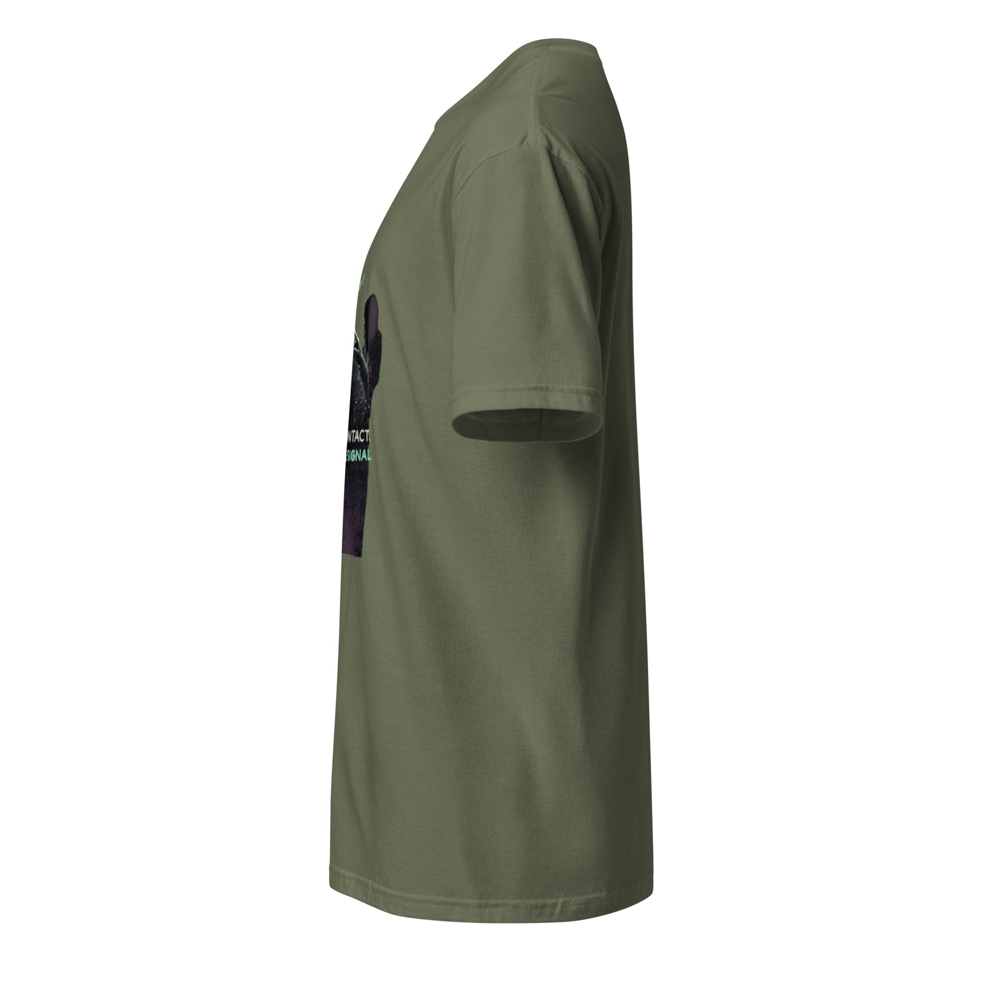 Make Contact, Lose the Signal – Minimal Sci-Fi Streetwear - Short-Sleeve Unisex T-Shirt - Graphic Tee - Military Green - Left side