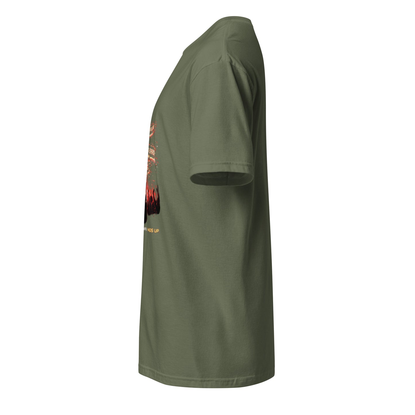 Systems Down. Hands Up. – Festival - Short-Sleeve Unisex T-Shirt - Graphic Tee - Military Green - Left side