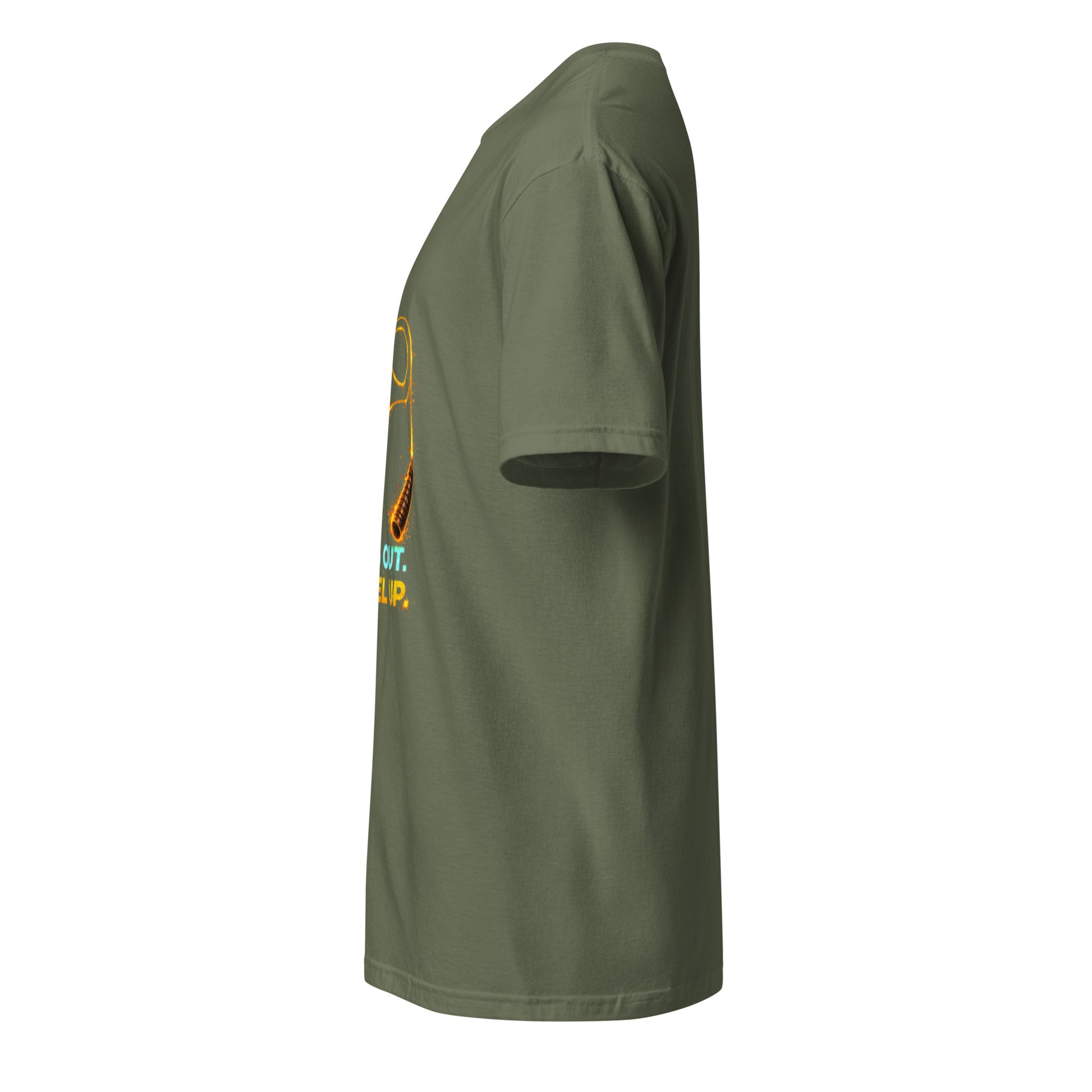 Log Out. Level Up. – Gamer Fitness Motivation - Short-Sleeve Unisex T-Shirt - Graphic Tee - Military Green - Left side