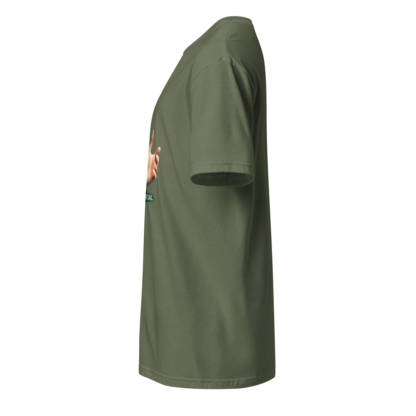Real > Virtual – Gamer Lifestyle - Short-Sleeve Unisex T-Shirt - Graphic Tee - Military Green - Left side