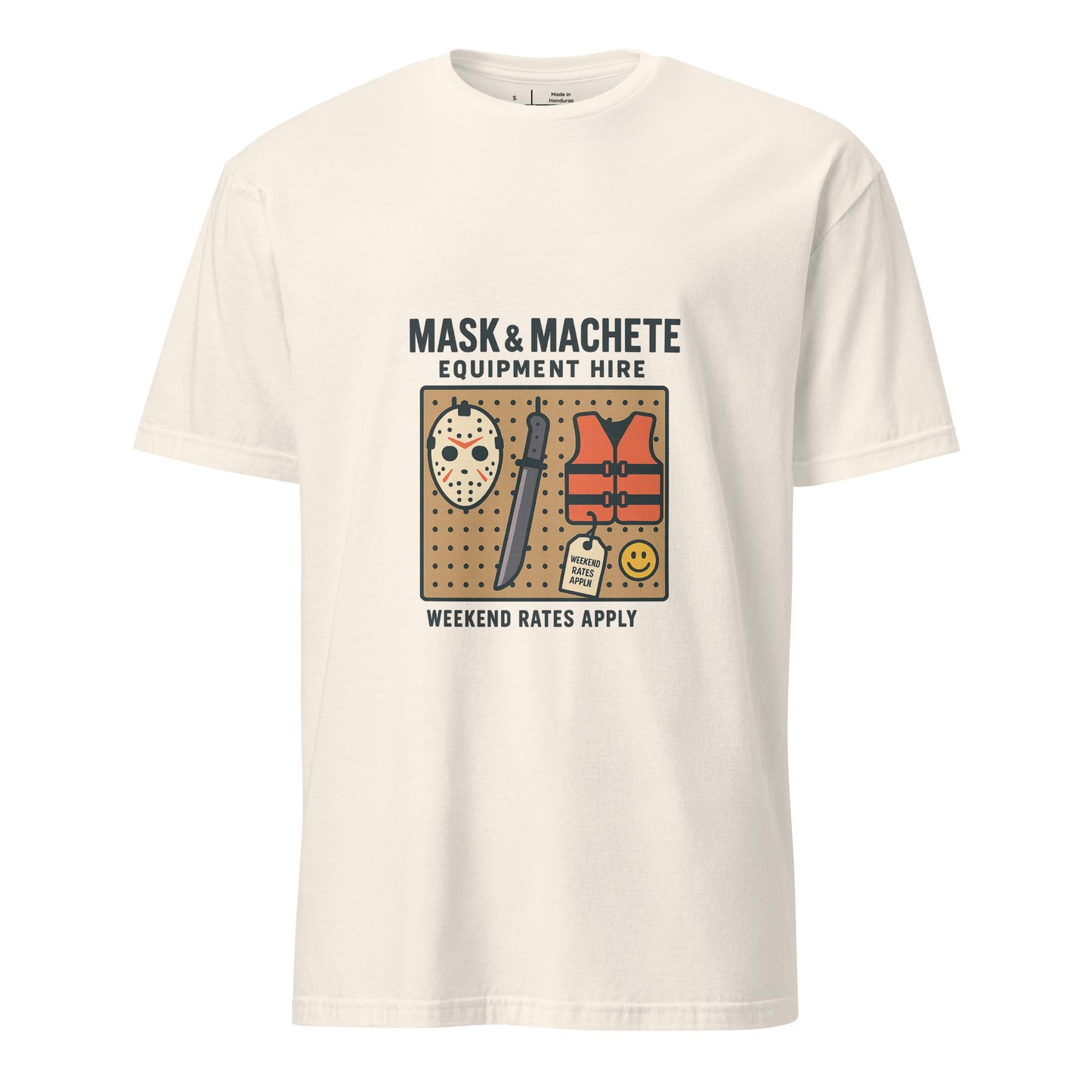 Mask & Machete Equipment Hire – For All Your Slasher Needs - Short-Sleeve Unisex T-Shirt - Graphic Tee - Natural - Front