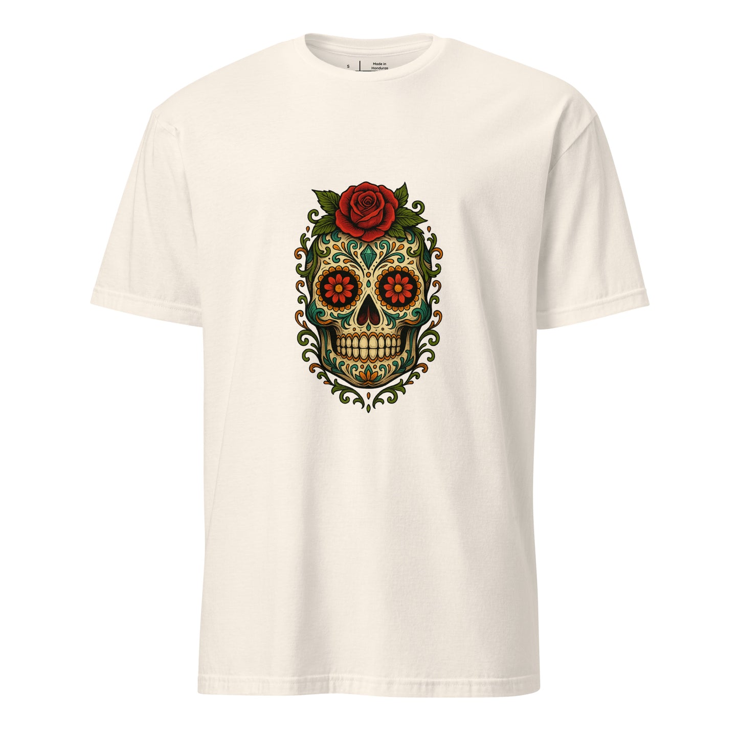 Day Of The Dead – Red Rose Skull Edition - Short-Sleeve Unisex T-Shirt - Graphic Tee - Natural - Front