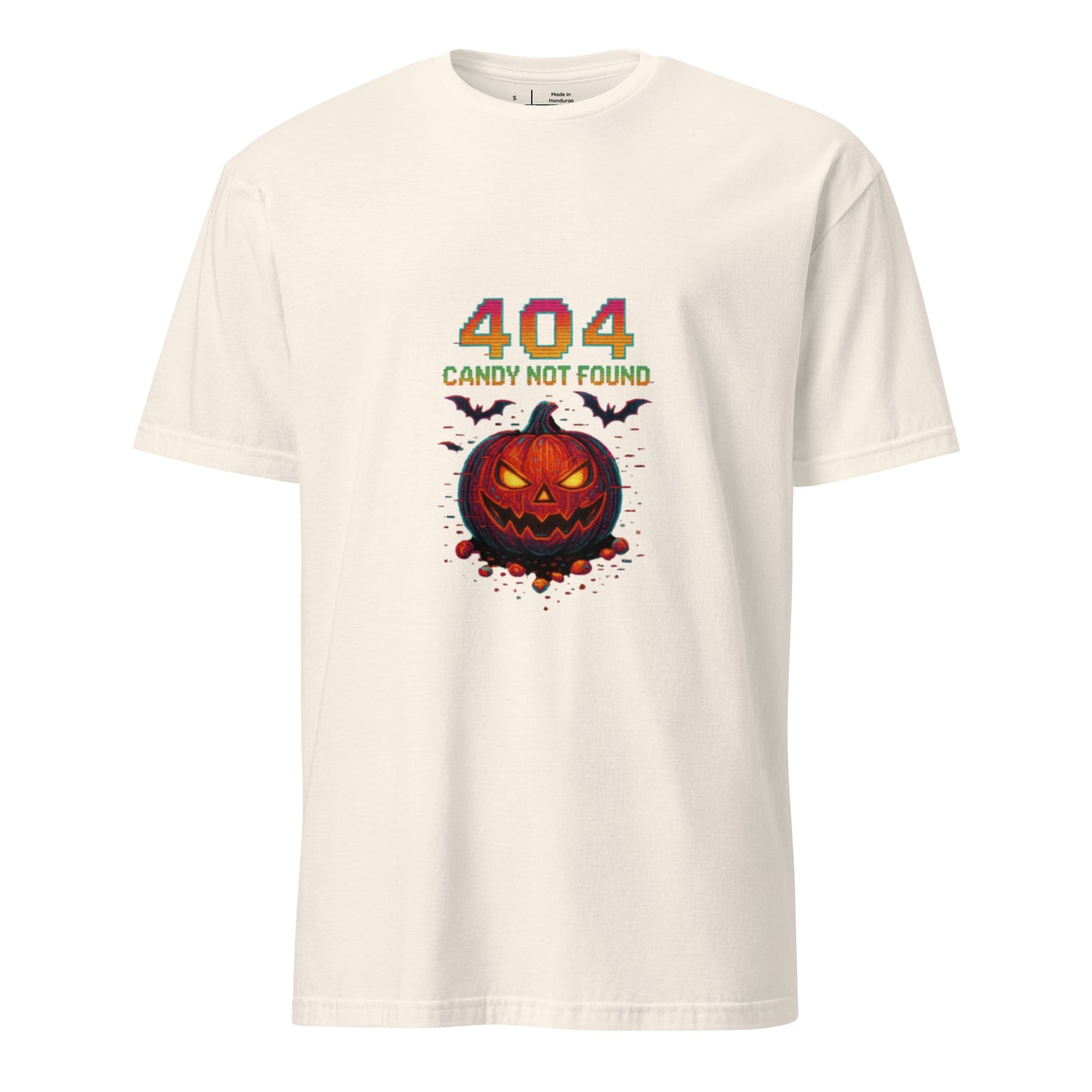 404 Candy Not Found – Cyberpunk Pumpkin Glitch - Short-Sleeve Unisex T-Shirt - Graphic Tee - Natural - Front