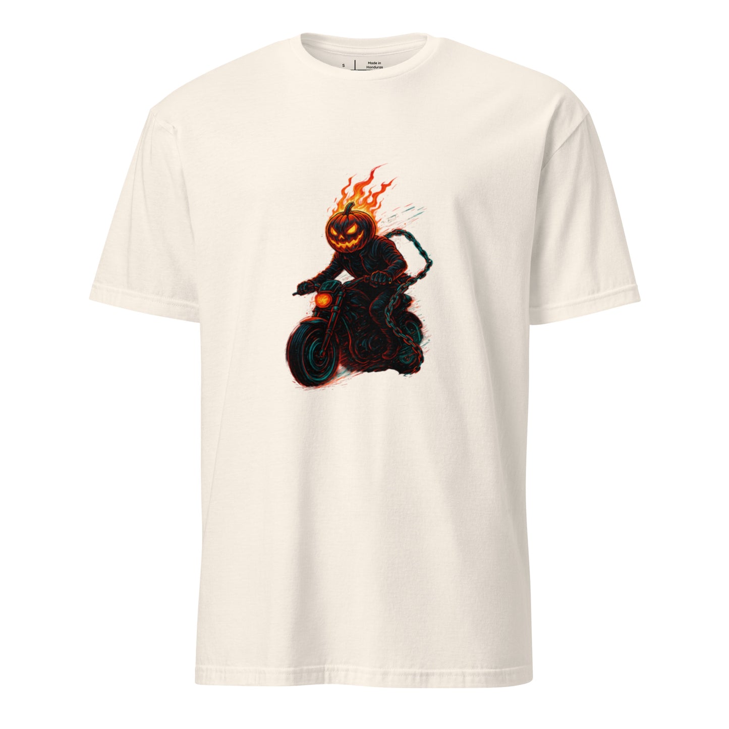 Cyber Pumpkin Rider – Futuristic Neon Halloween - Short-Sleeve Unisex T-Shirt - Graphic Tee - Natural - Front