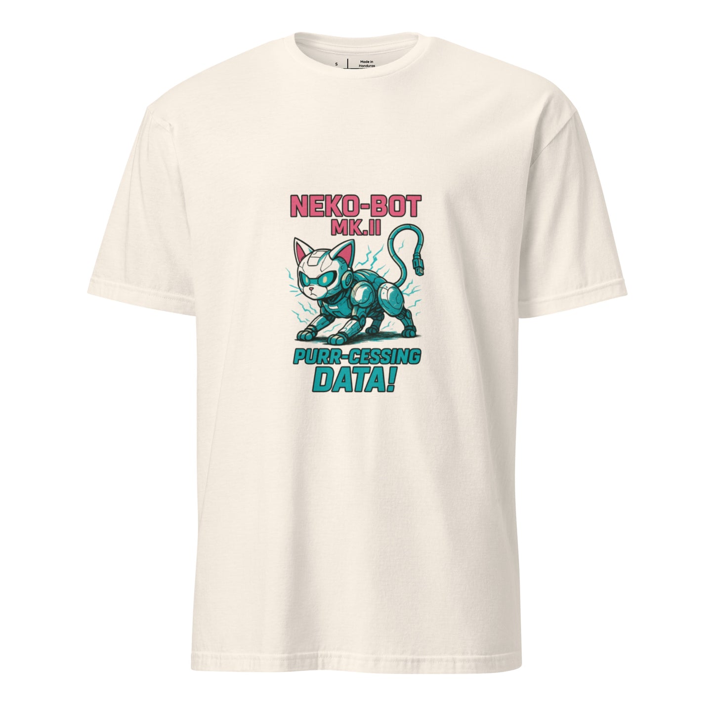 Neko-Bot Mk. II – “Purr-cessing Data…” - Short-Sleeve Unisex T-Shirt - Graphic Tee - Natural - Front