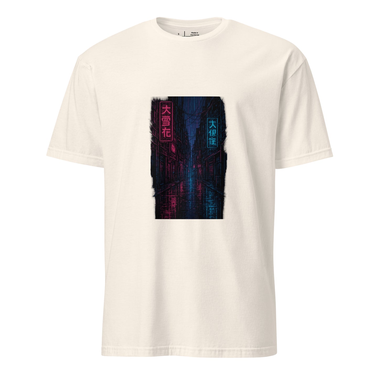 Neon Rain Alley – Cyberpunk Street Art - Short-Sleeve Unisex T-Shirt - Graphic Tee - Natural - Front