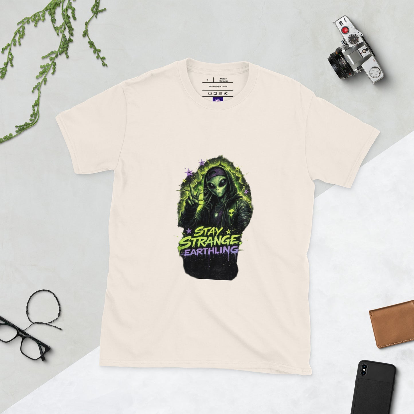 Stay Strange, Earthling – Retro Sci-Fi - Short-Sleeve Unisex T-Shirt - Graphic Tee - Natural - Front
