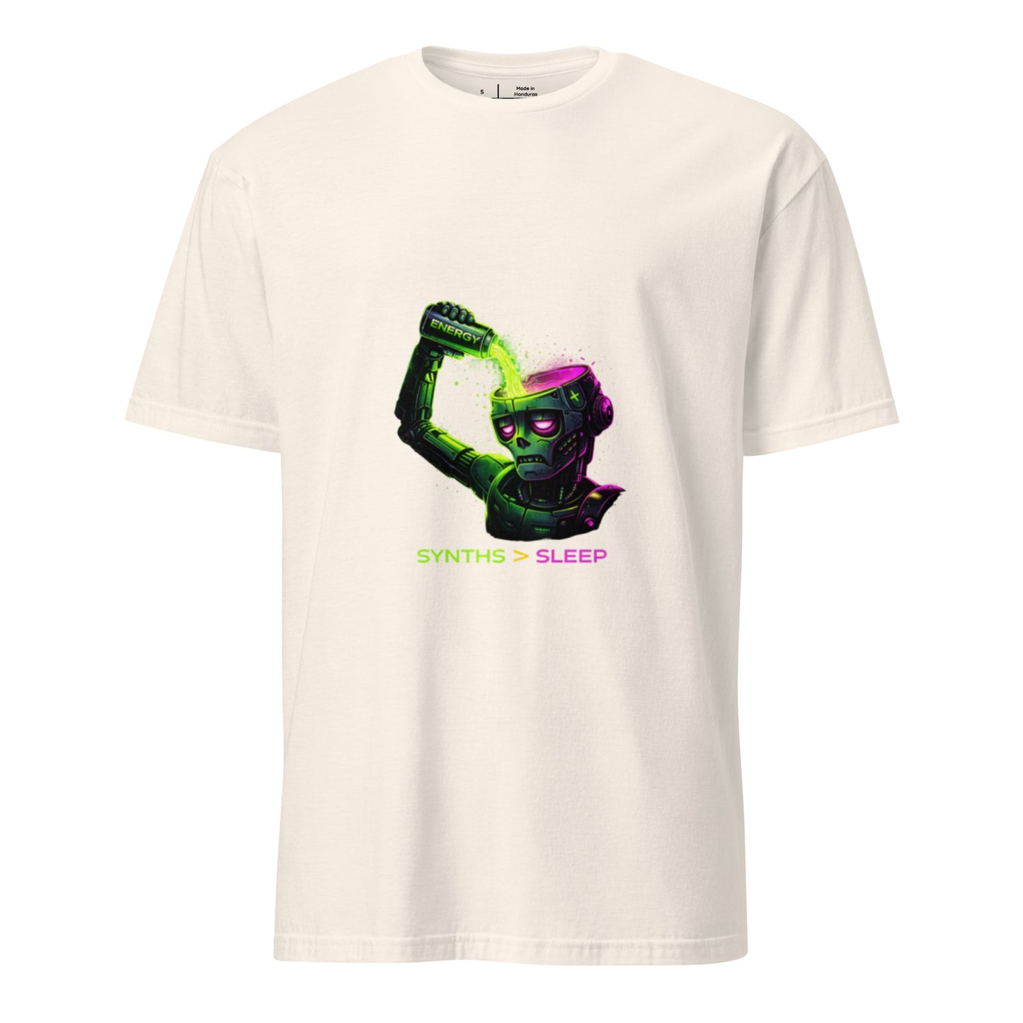 Energy Needed: Synths > Sleep – Cyber Rave - Short-Sleeve Unisex T-Shirt - Graphic Tee - Natural - Front