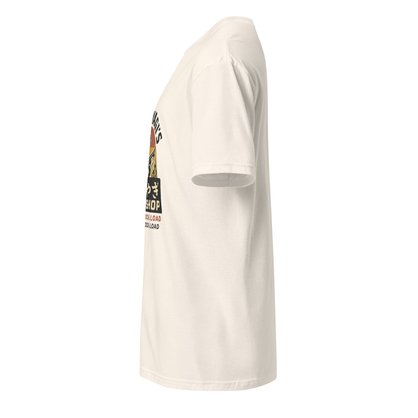 Mr. Miyagi’s Gun Shop – Wax On, Lock & Load - Short-Sleeve Unisex T-Shirt - Graphic Tee - Natural - Left side