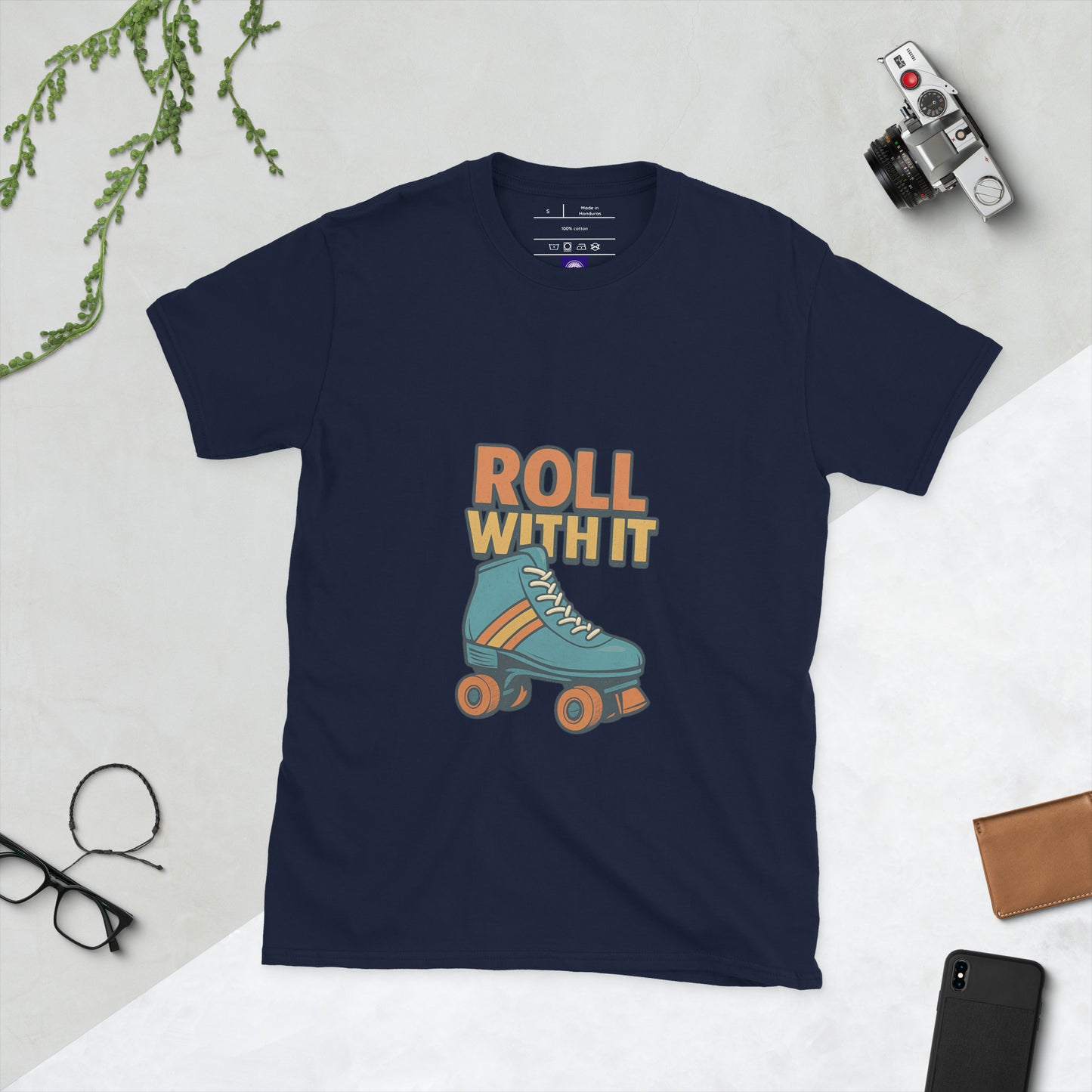 Roll With It - Retro Roller Skate Vibes - Short-Sleeve Unisex T-Shirt - Graphic Tee - Navy - Front