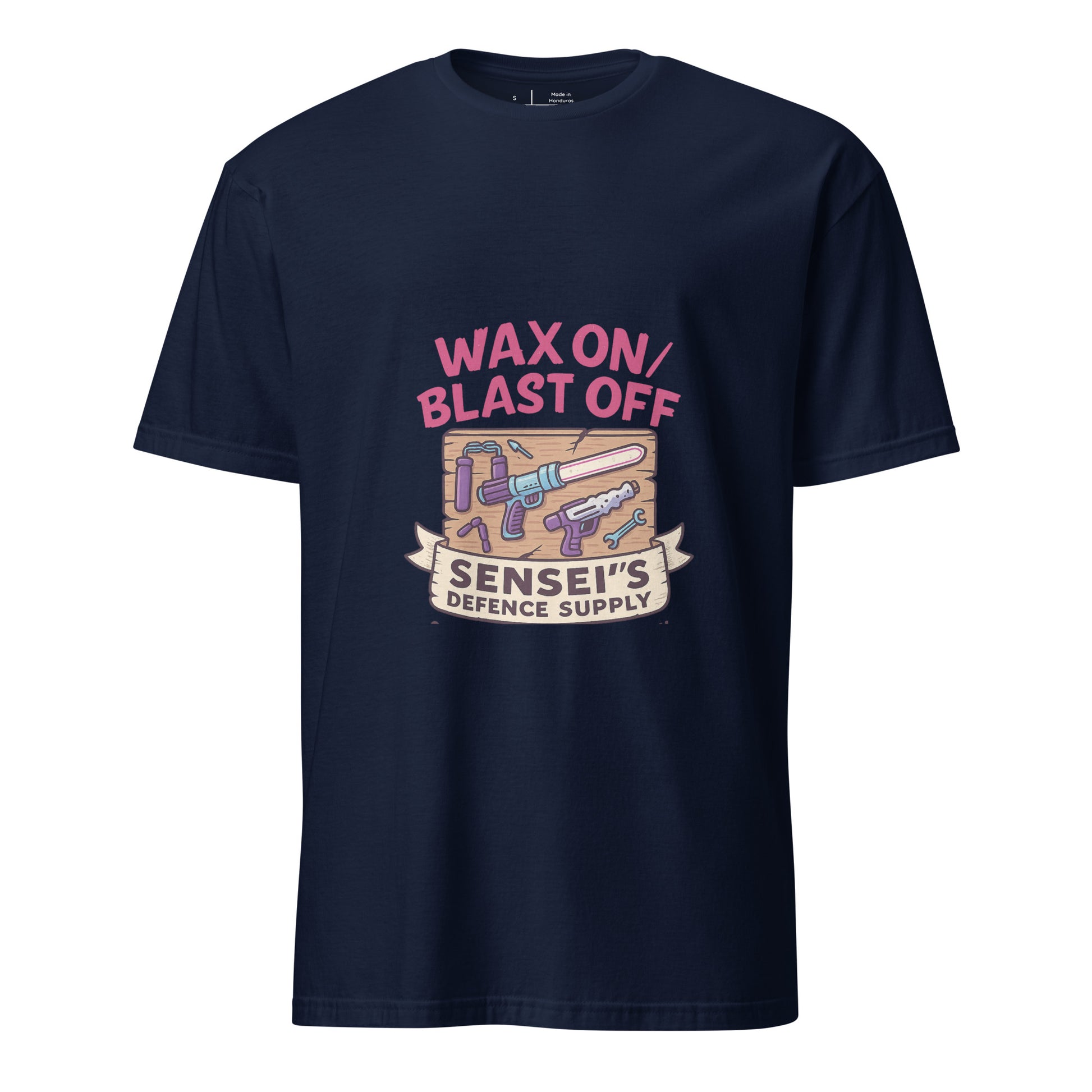 Wax On/Blast Off – Retro Karate Space - Short-Sleeve Unisex T-Shirt - Graphic Tee - Navy - Front