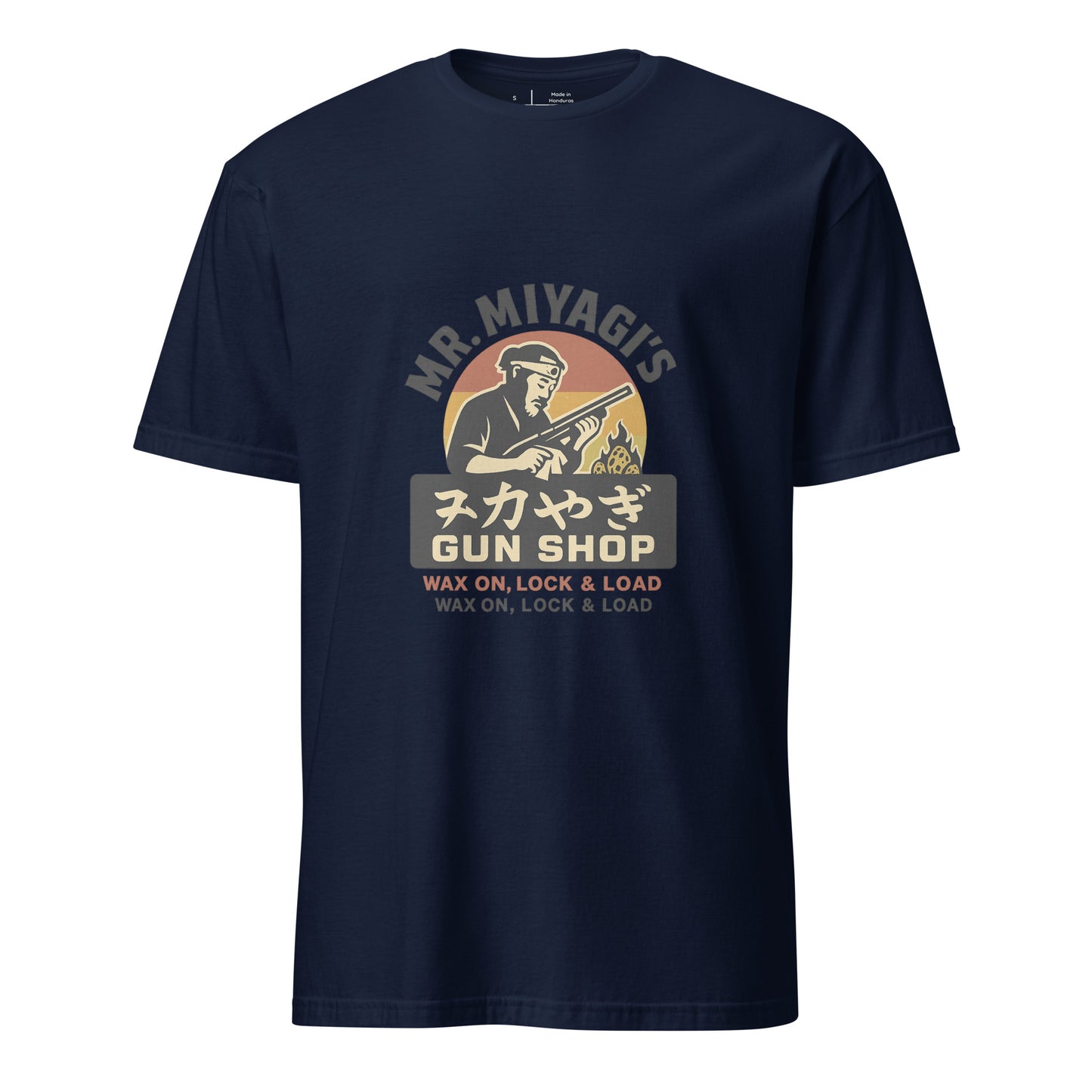 Mr. Miyagi’s Gun Shop – Wax On, Lock & Load - Short-Sleeve Unisex T-Shirt - Graphic Tee - Navy - Front