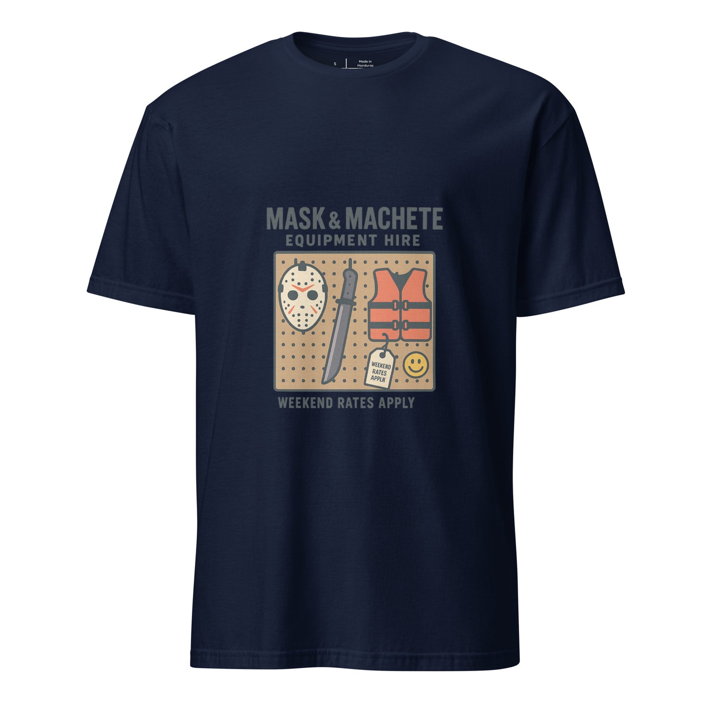 Mask & Machete Equipment Hire – For All Your Slasher Needs - Short-Sleeve Unisex T-Shirt - Graphic Tee - Navy - Front