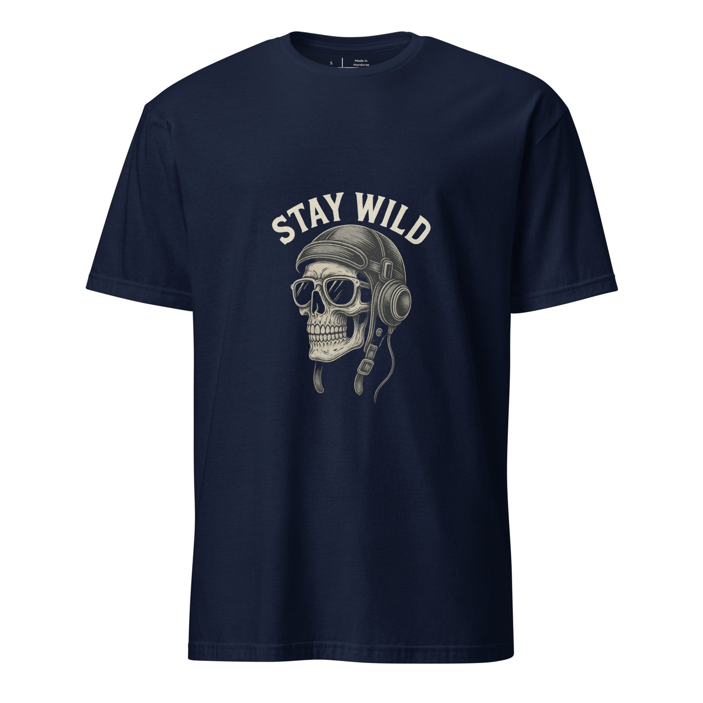 Stay Wild – Pilot Skull Edition - Retro -  Short-Sleeve Unisex T-Shirt - Graphic Tee - Navy - Front