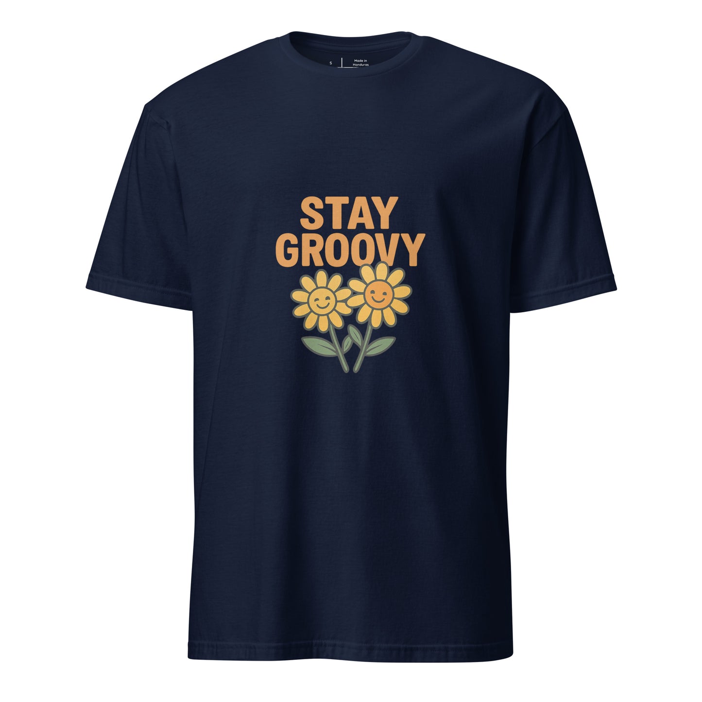 Stay Groovy – Retro Flower Power - Short-Sleeve Unisex T-Shirt - Graphic Tee - Navy - Front
