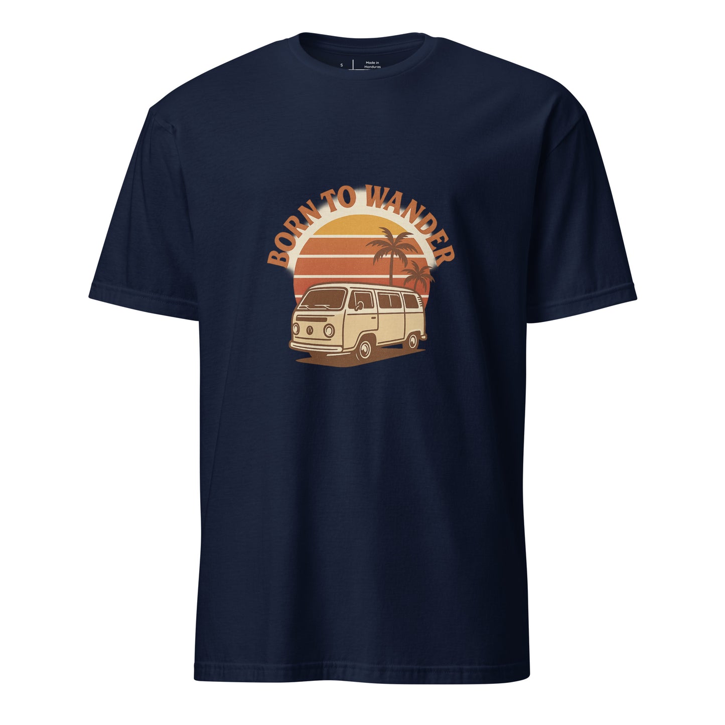 Born To Wander – Sunset Camper Edition - Short-Sleeve Unisex T-Shirt - Graphic Tee - Navy - Front