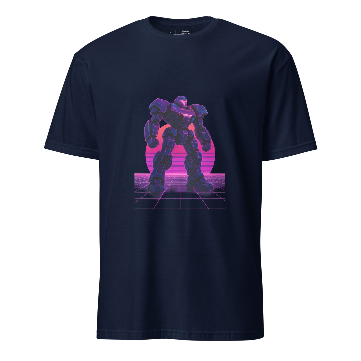 Synthwave Mech – Neon Titan - Short-Sleeve Unisex T-Shirt - Graphic Tee - Navy - Front