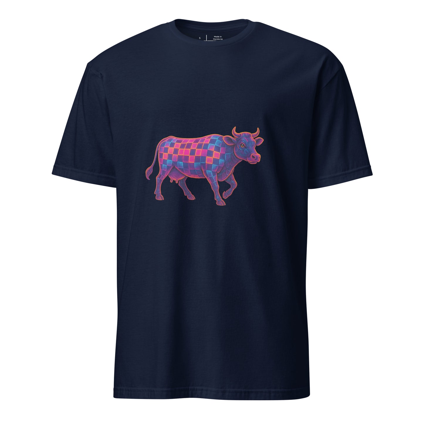 Cyber Cow – Futuristic Neon Bovine - Short-Sleeve Unisex T-Shirt - Graphic Tee - Navy - Front