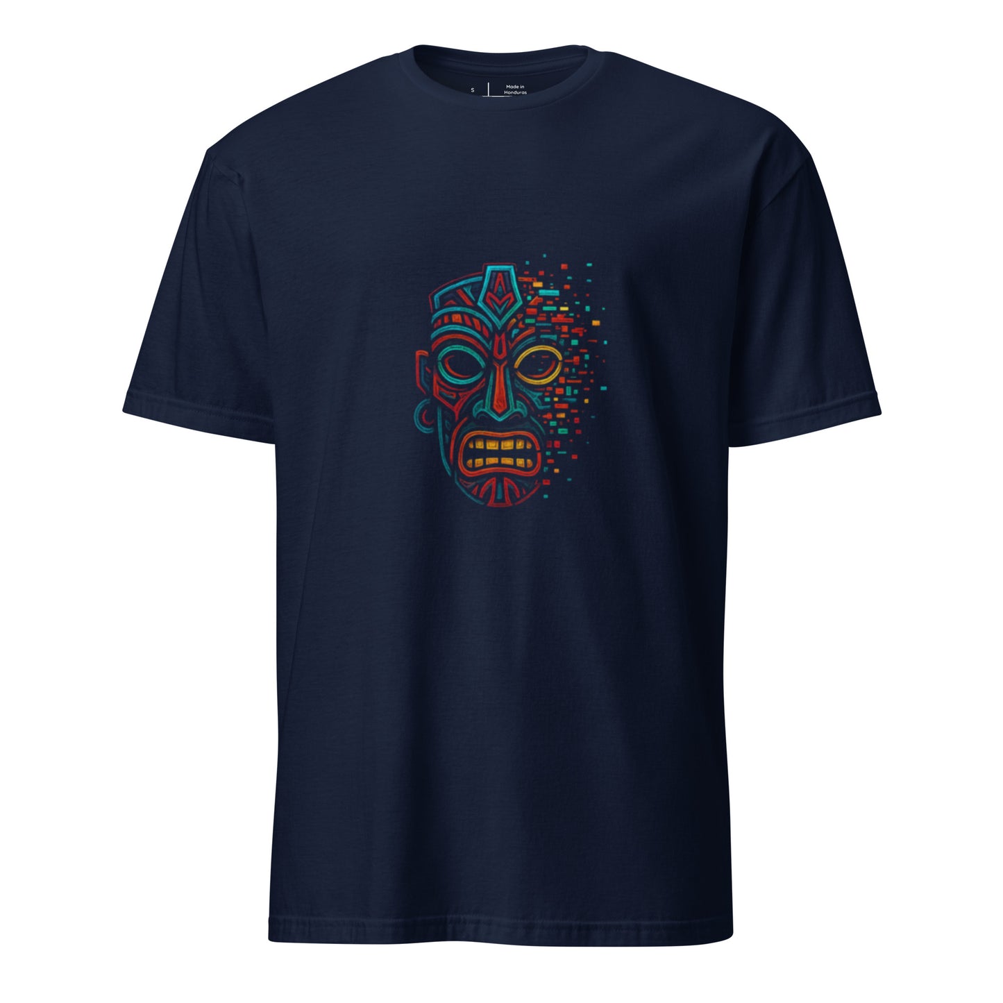 Glitch Totem Mask – Tribal Cyberpunk - Short-Sleeve Unisex T-Shirt - Graphic Tee - Navy - Front