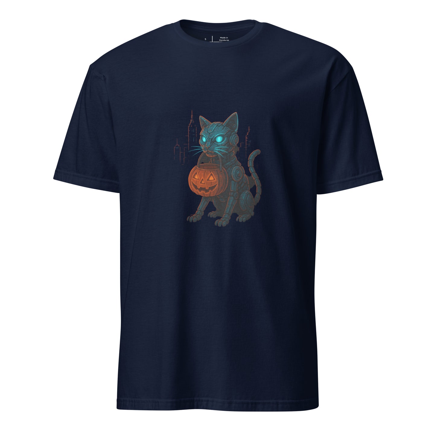 Trick-or-Treat Cyborg Cat – Cyberpunk Halloween Glow - Short-Sleeve Unisex T-Shirt - Graphic Tee - Navy - Front