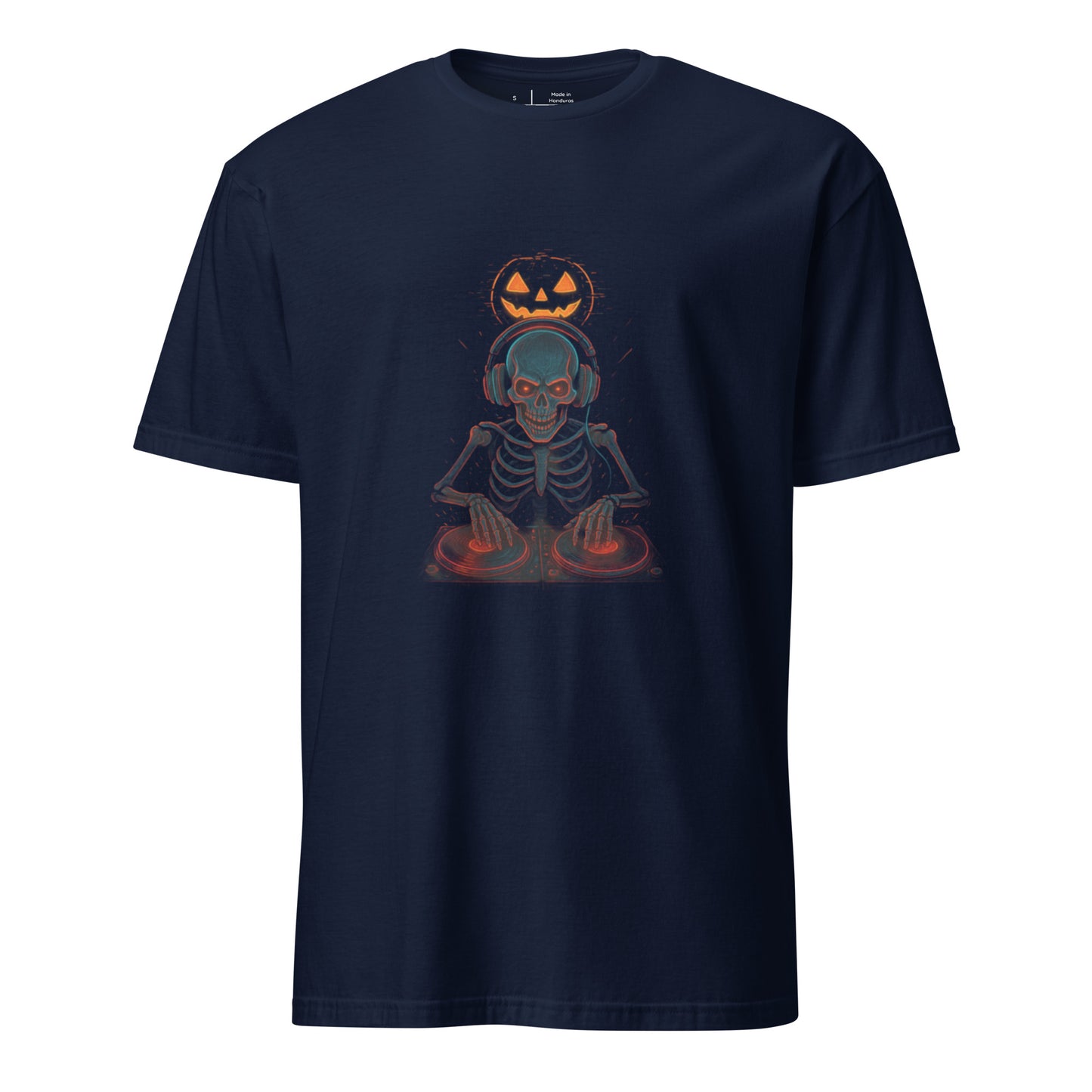 DJ Skeleton Raver – Cyberpunk Halloween Mixmaster - Short-Sleeve Unisex T-Shirt - Graphic Tee - Navy - Front