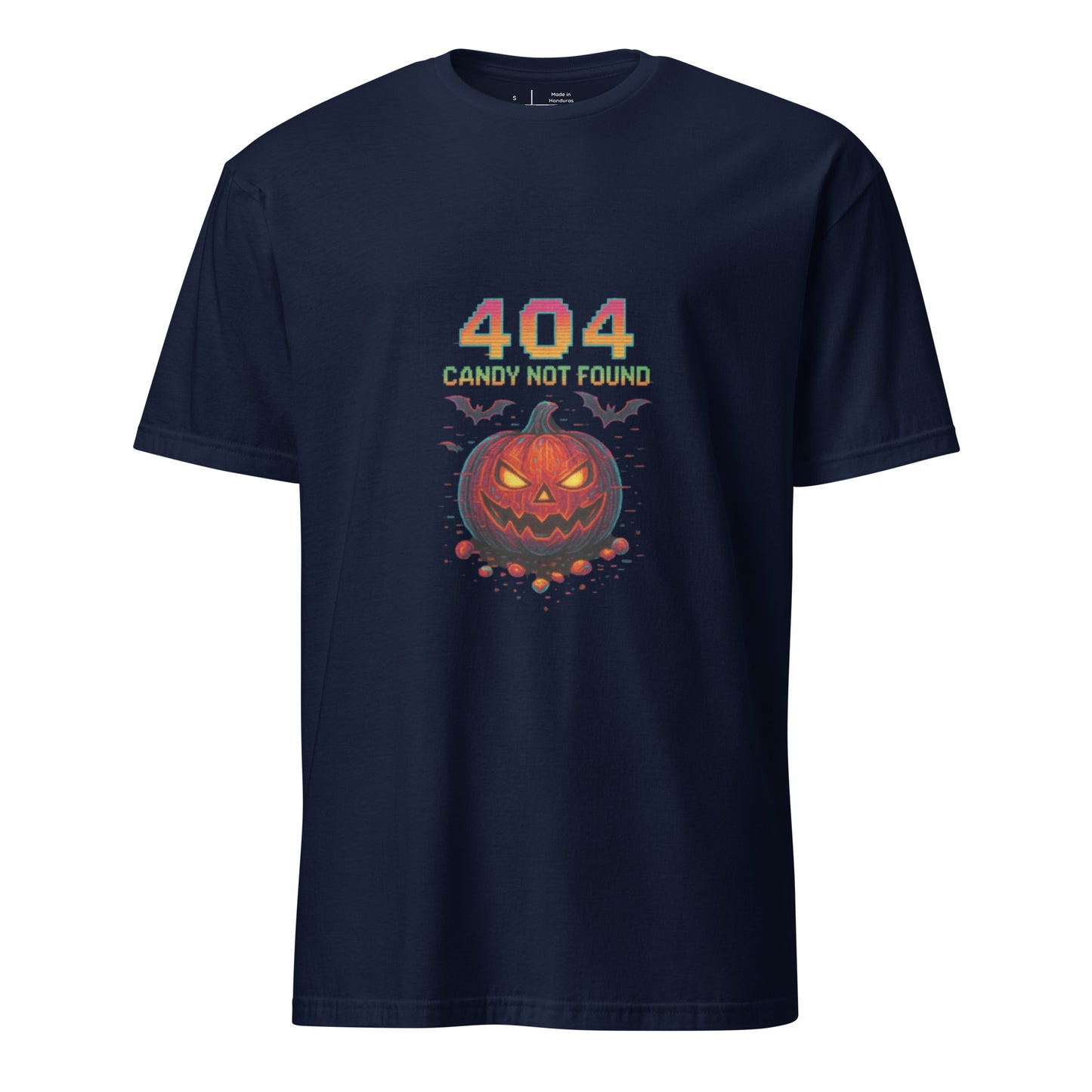 404 Candy Not Found – Cyberpunk Pumpkin Glitch - Short-Sleeve Unisex T-Shirt - Graphic Tee - Navy - Front
