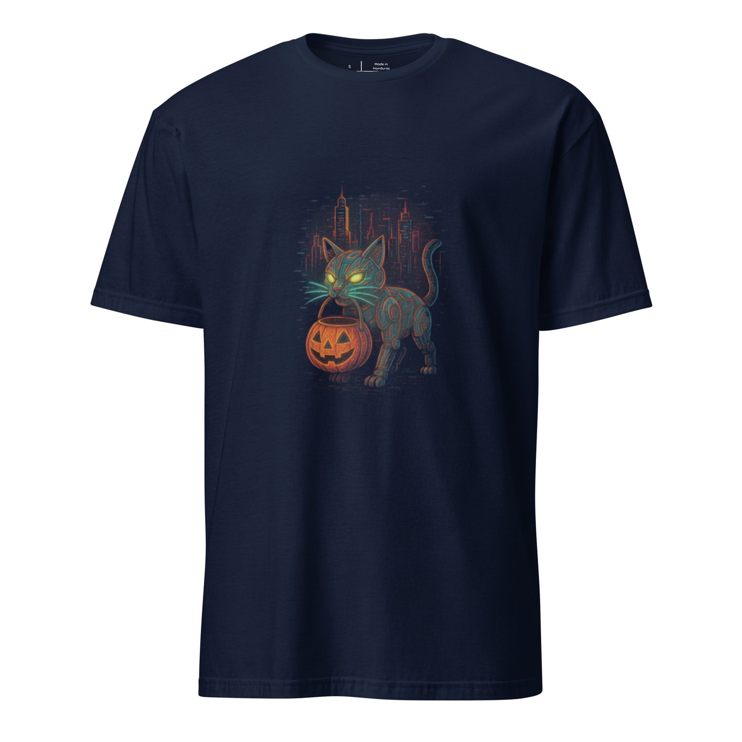 Trick-or-Treat Cyborg Cat – Cyberpunk Halloween - Short-Sleeve Unisex T-Shirt - Graphic Tee - Navy - Front
