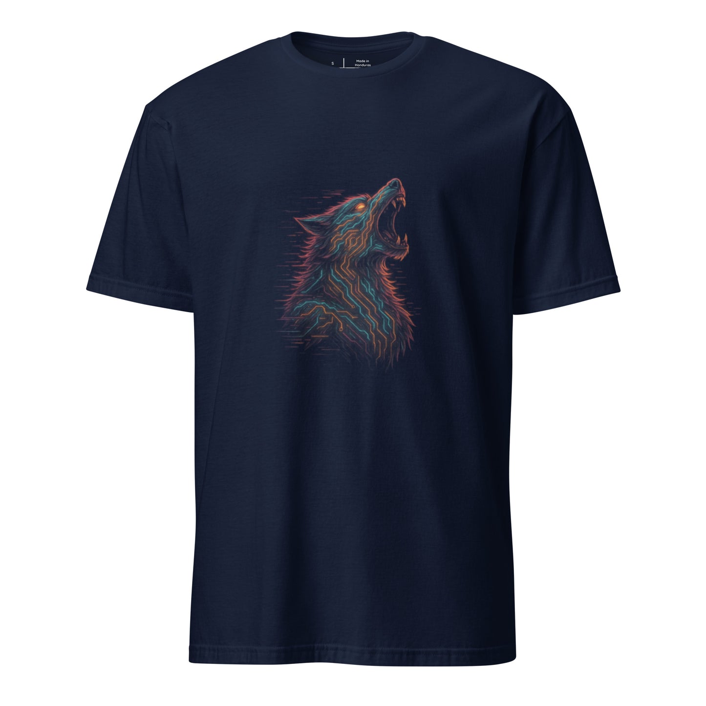 Cyberpunk Werewolf Howl – Neon Horror Tech - Short-Sleeve Unisex T-Shirt - Graphic Tee - Navy - Front