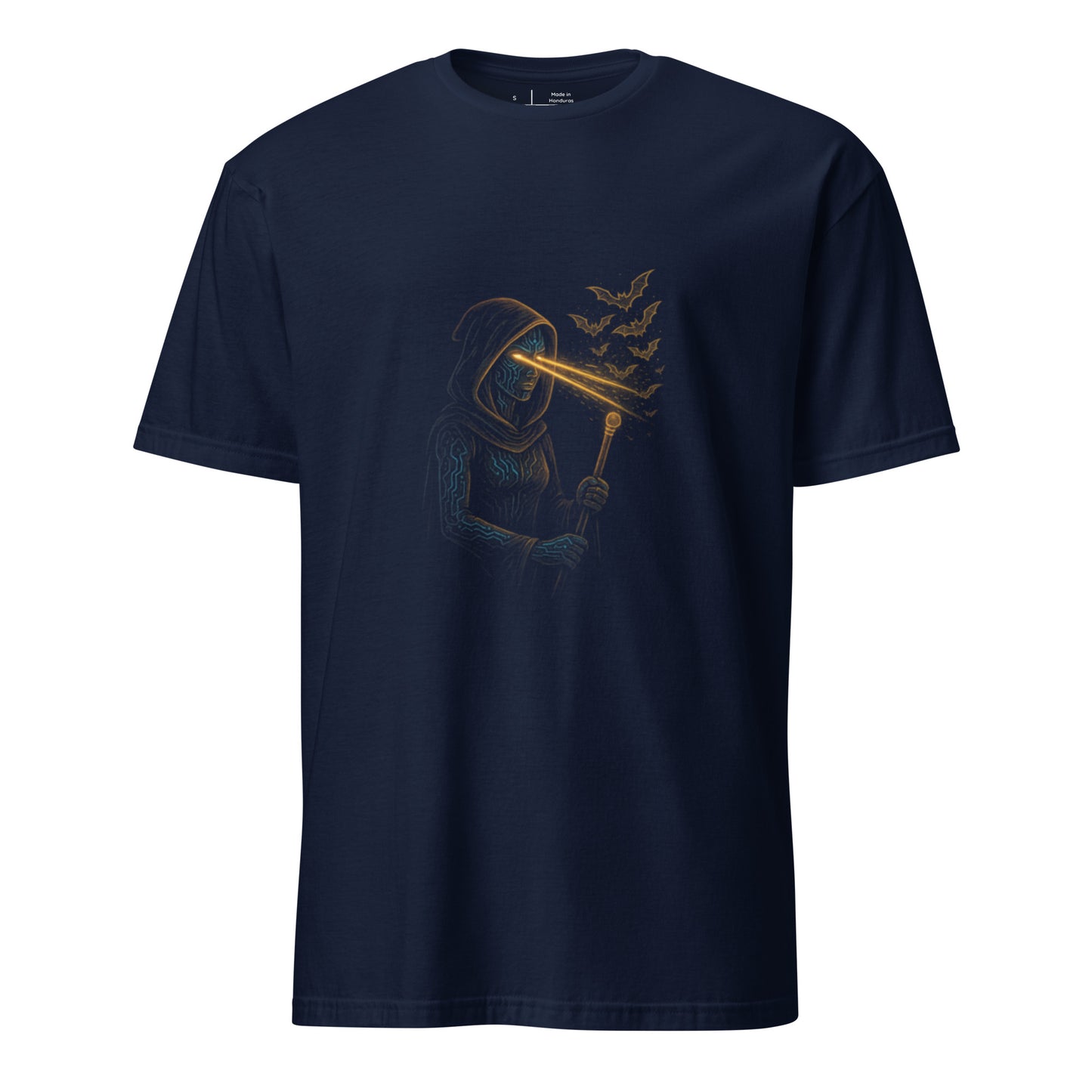 Laser-Eyed Cyber Witch – Neon Sorcery Techwear  - Short-Sleeve Unisex T-Shirt - Graphic Tee - Navy - Front