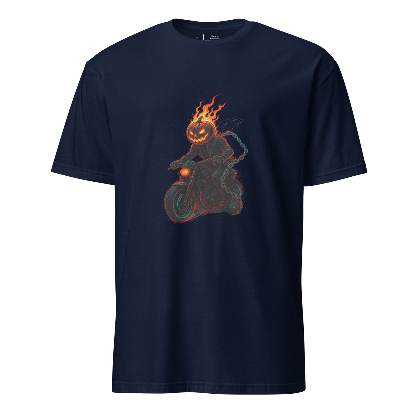 Cyber Pumpkin Rider – Futuristic Neon Halloween - Short-Sleeve Unisex T-Shirt - Graphic Tee - Navy - Front